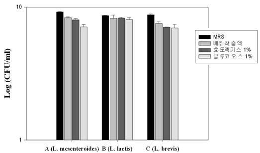 영양성분을 조절한 절임배추 착즙액 배지와 MRS배지의 성장균수 측정 비교.