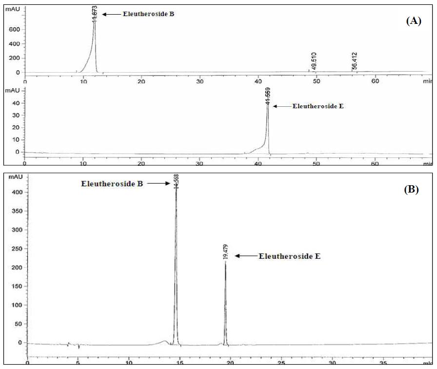 HPLC chromatograms of eleutheroside B and E in condition (A) and (B)