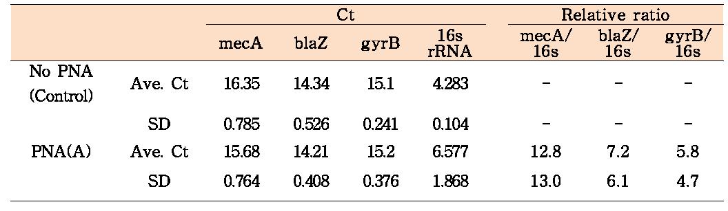 mecA-antisensing PNA 처리 그룹에서의 mRNA 변화량