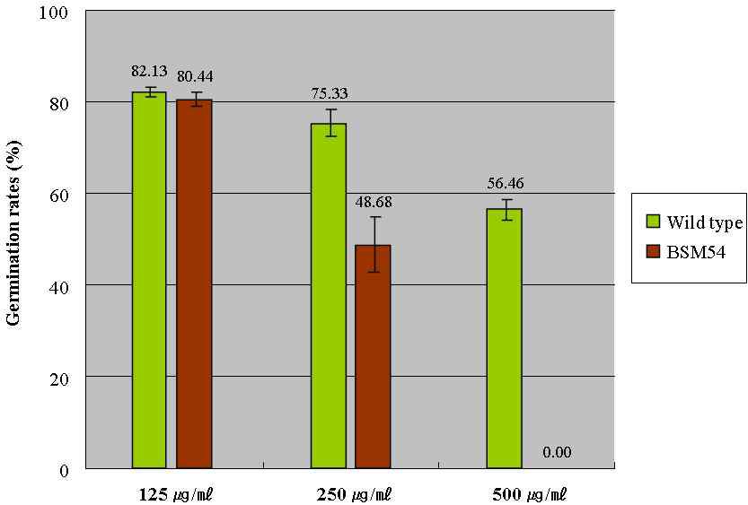 Comparison of spore germination rates of Botrytis cinerea treated with butanol extracts prepared from the culture broths of the wild-type B. subtilis and UV mutant BSM54 strains.
