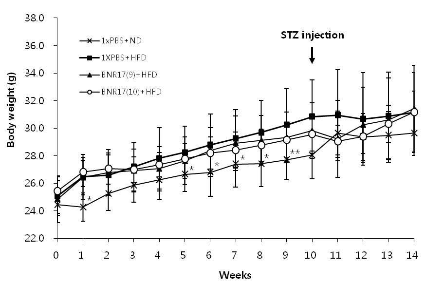 Effect of Lb. gasseri BNR17 supplementation on body weight of high-fat diet/STZ-induced diabetic mice. C57BL/6J mice were administered with ND, HSD or HSD containing Lb. gasseri BNR17 (109 CFU or 1010 CFU) for 10 weeks and treated with STZ. Data are means ± SD. * P < 0.05, ** P < 0.01 versus HSD group.