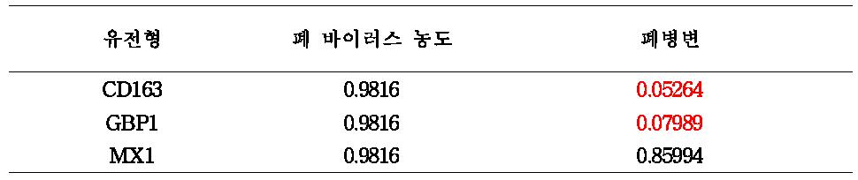 유전형 검사에 의해 선발된 돼지 40마리에 JA142를 접종한 후 25일에 부검을 실시하고 수거한 폐의 바이러스 농도 및 폐병변과 GBP1, CD163 및 MX1 유전형과의 연관관계