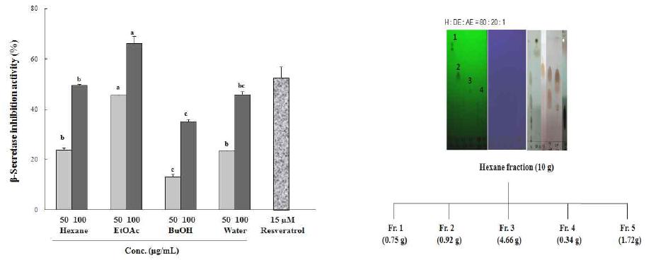 β-Secretase inhibitory activity of solvent fractions from Protaetia brevitrsis. The activities (%) are expressed as mean±SE of independent experiments. Same concentrations of each compound are significantly different at p<0.001.