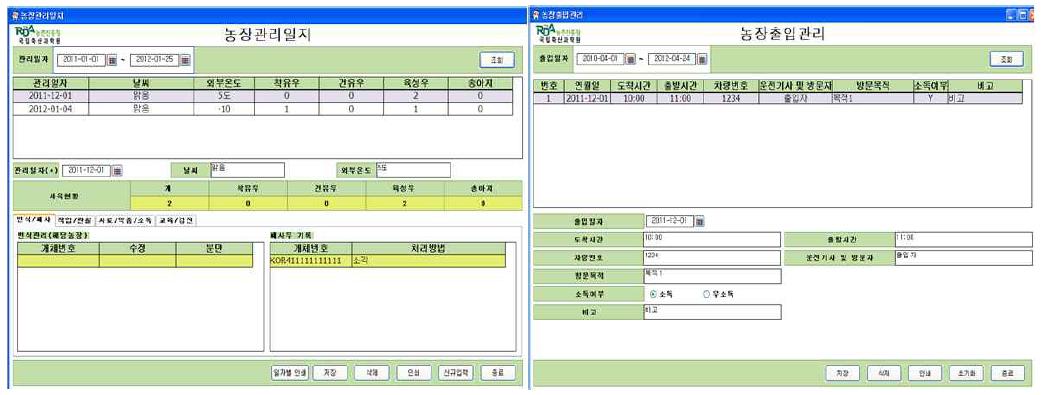 젖소 HACCP 프로그램의 농장 일지 및 출입관리 화면