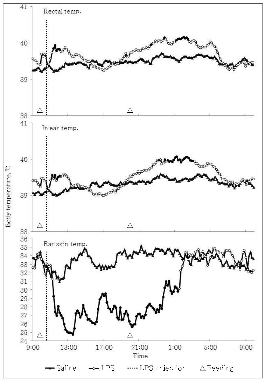 Body temperature of Holstein calves challenged LPS compared with non-LPS challenged. : P<0.05