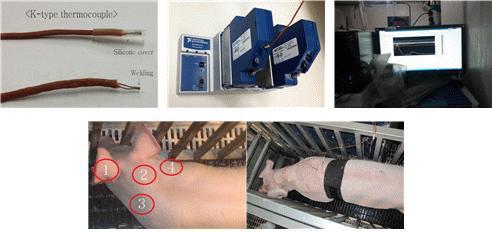 Measurement equipment and mounting position of temperature sensor. a: K-type thermocouple, b: Input module and data acquisition unit, c: Real time monitoring of pig body temperature, d: Mounting position of body temperature sensor in pig(1:Ear, 2:Head, 3:Neck, 4:Subcutaneous tissue of neck).