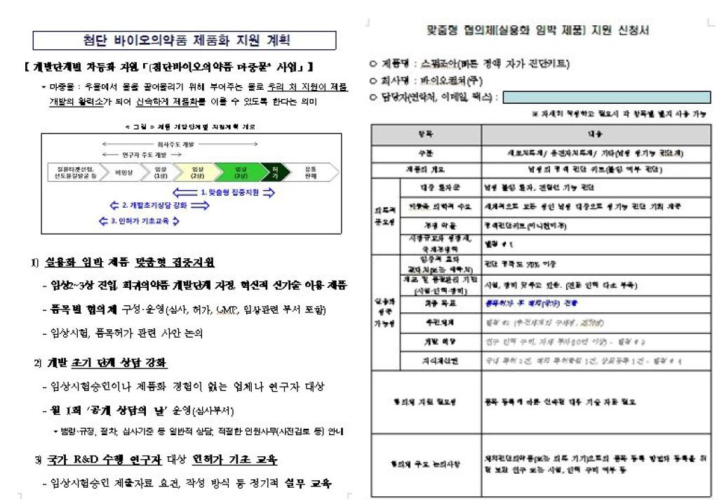 스펌조아의 바이오의약품 제품화지원사업 신청 근거