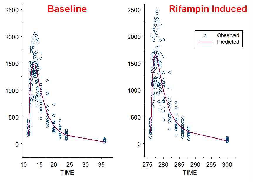 리팜핀 투여 전후 metformin의 혈중농도 모델