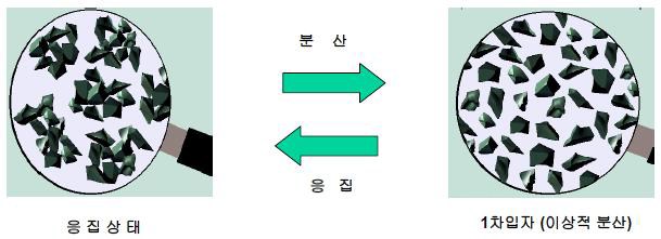 분산 후 응집 상태로 돌아가려는 입자들의 모식도