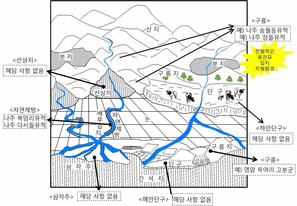영산강 유역에 있어서 소비유적의 입지에 대한 지형환경 모식도.