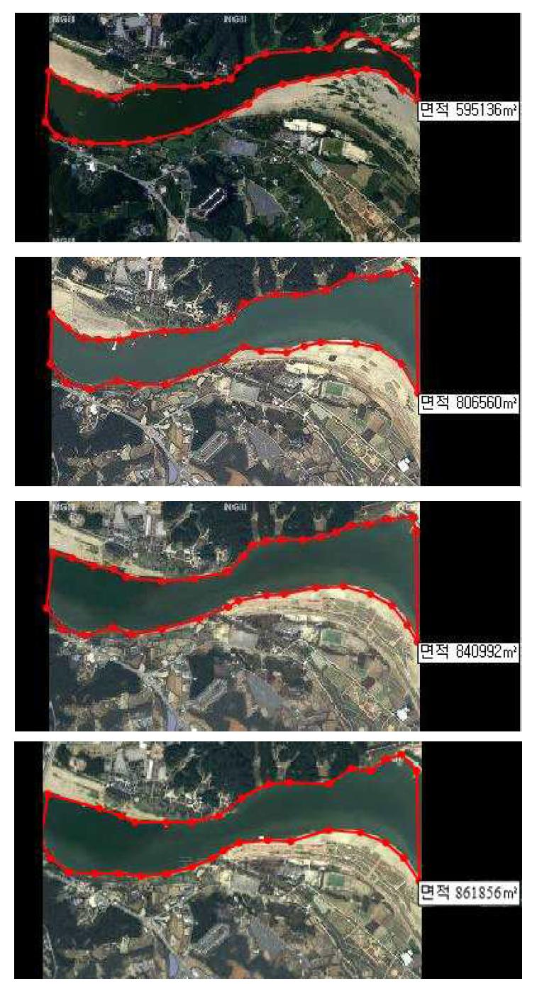 신륵사 부근 남한강의 면적 변화 (위에서부터 2009년, 2011년, 2012년, 2013년 순)