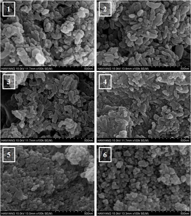 CI.Number Pigment Green FE-SEM 1~2. PG 7, 3~5. PG 36, 6. PG 58