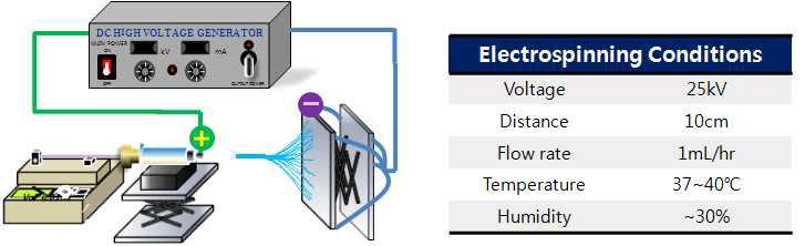 ECM기반 생체소재 나노파이버 제작을 위한 전기방사설비 및 전기방사 조건