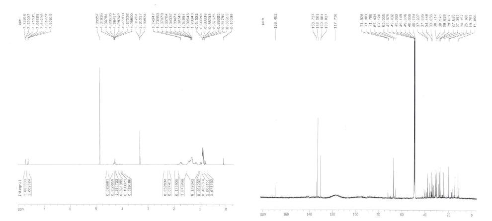 금앵자 추출물로부터 분리된 활성물질의 1 13H-NMR, C-NMR 스펙트럼