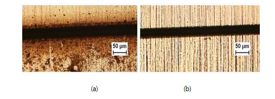 FMM pattern (a) before and (b) after the ultrasonic cleaning (800mW, 200kHz, 1m/sec, 1,000 cycles of scanning)