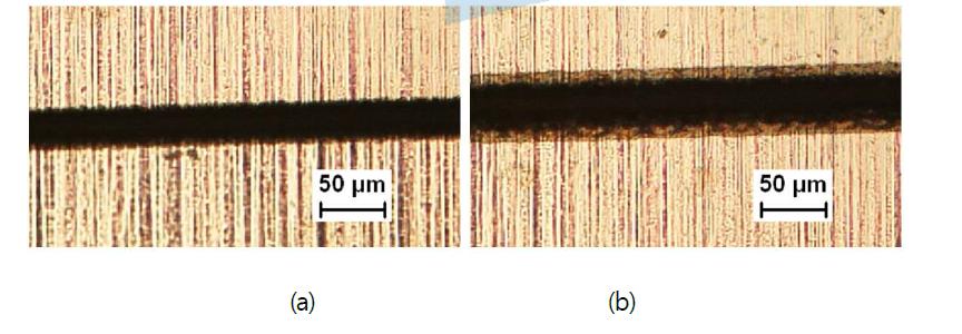 FMM patterns after the post cleaning process: (a) with no HAZ (800mW, 200kHz, 1m/sec, 1,000 cycles of scanning), (a) with HAZ (800mW, 200kHz, 1m/sec, 1,500 cycles of scanning)