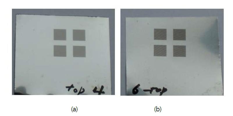 Fabrication FMM patterns with top/bottom width of (a) 17μm/7μm, (b) 40μm/15μm