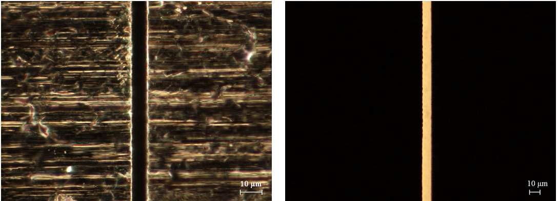 Optical microscope image of fabricated FMM patterns with a bottom width of 8μm