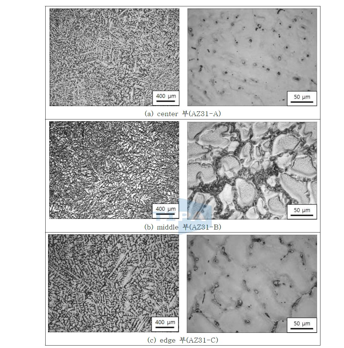 알루텍 제조 AZ31 연속주조 빌렛의 위치별 미세조직 관찰 결과