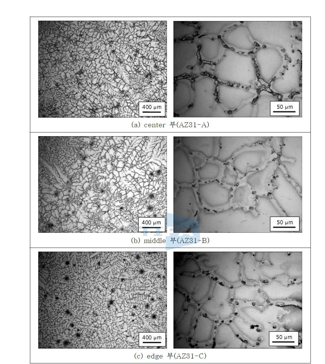 중국산 AZ31 연속주조 빌렛의 위치별 미세조직 결과 (1차년도 결과)