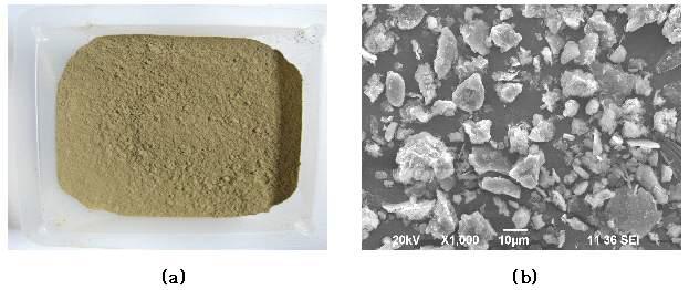 하상준설토 원료 사진(a) 및 전자 현미경 사진(b).