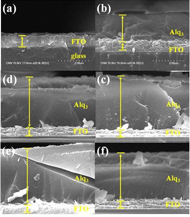 500cc Effusion Cell로 FTO/glass 기판위에 증착된 Alq3 유기물에 대한 SEM 단면 이미지