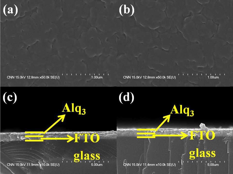 5.5세대(1,200mm×1,500mm) Effusion Cell로 각 구간에 설치된 FTO/glass 기판위에 증착된 Alq3 유기물 표면 (a, b) 및 단면 (c, d) SEM 이미지.
