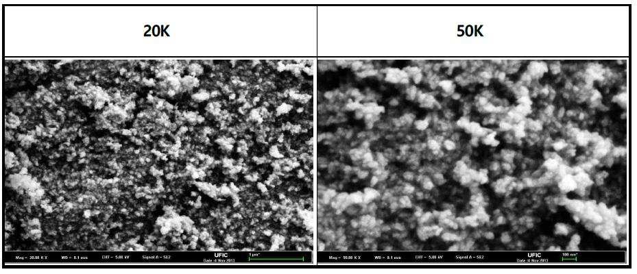 SEM image of ZrO2 nano-powder prepared by a hydrothermal reaction with Zr chloride oxide octahydrate, KOH 5M at 170℃ for 15hr after reaction at 160℃ for 6hr