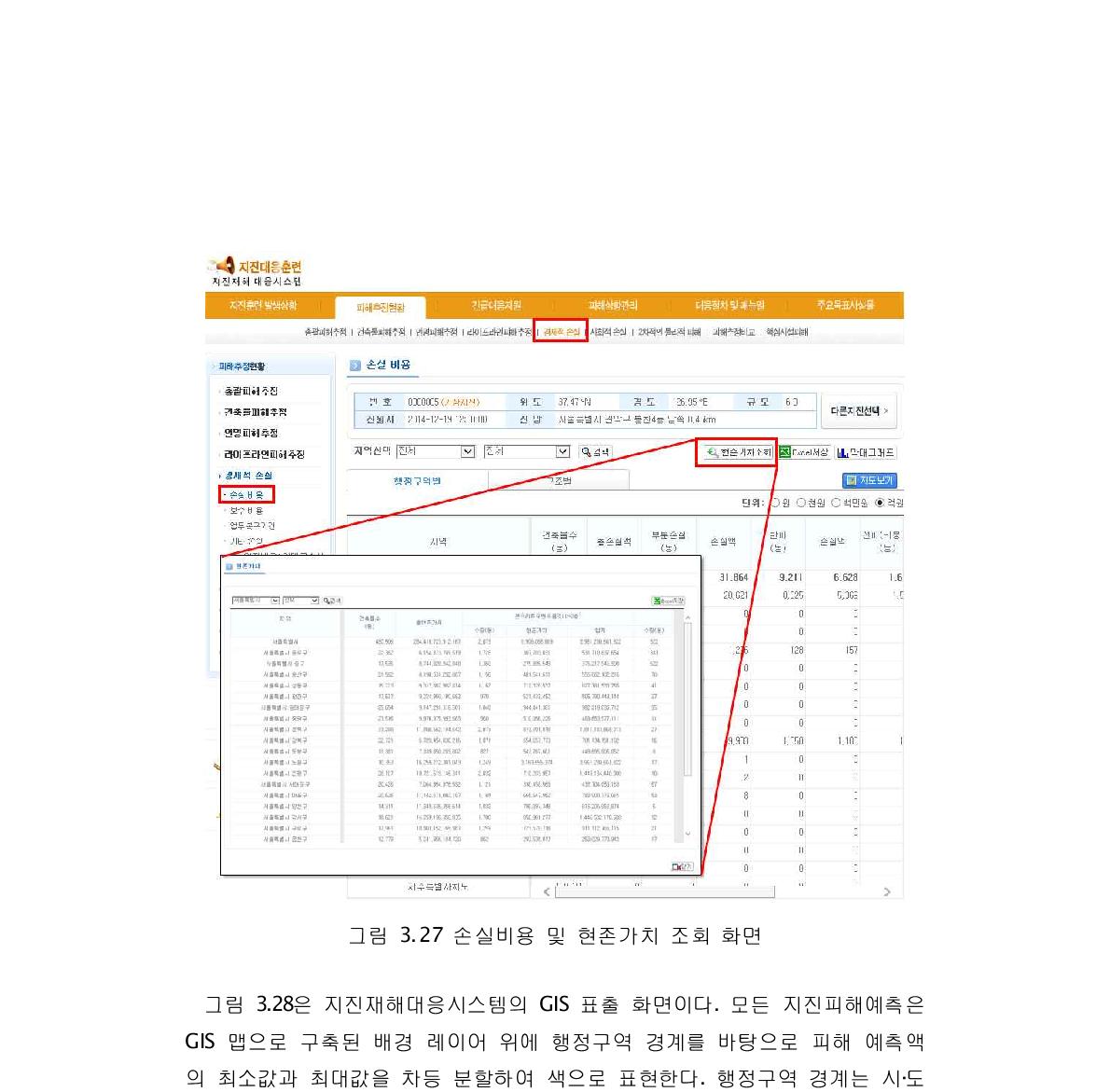 손실비용 및 현존가치 조회 화면