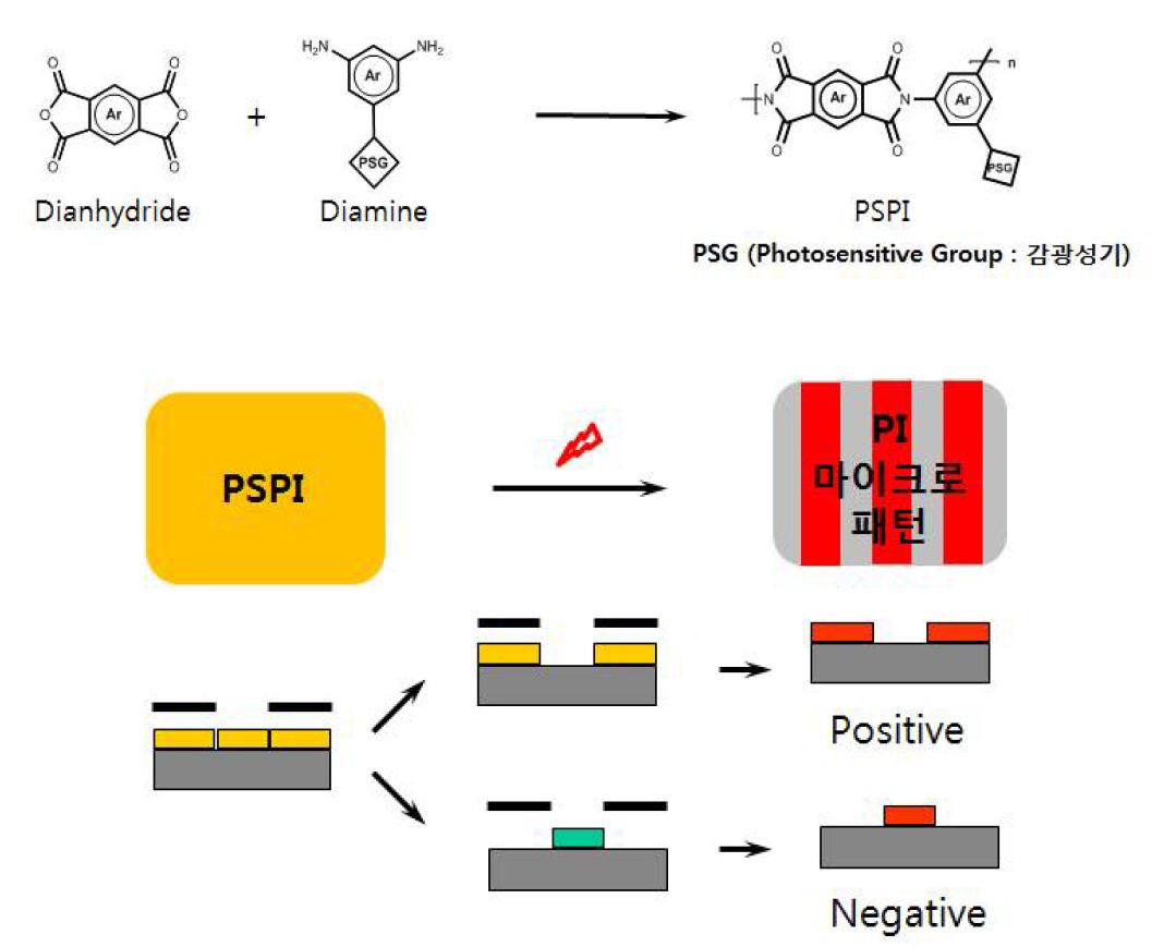 포지티브 및 네가티브 감광성 폴리이미드 코팅 및 패터닝 모식도