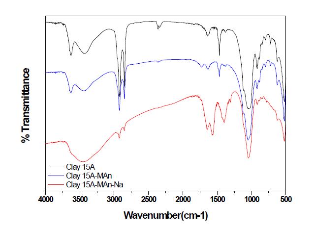 말레인산-Na와 반응한 유기화 점토의 FT-IR 도표.