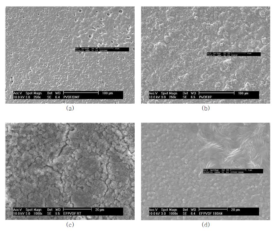 PVDF homopolymer 코팅의 표면 전자현미경 사진. (a) solvent casting; (b) dispersion coating; (c) latex film; (d) latex film after annealing