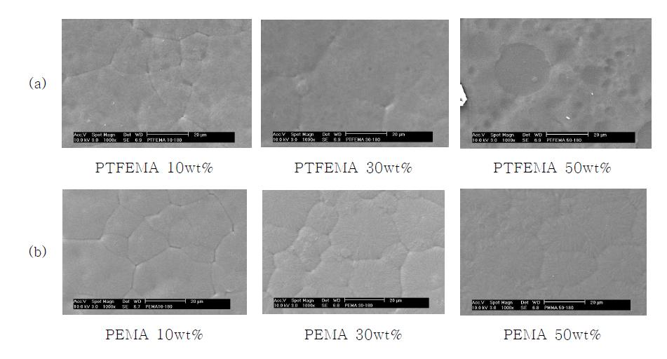 Poly(methacrylate)의 함량에 의한 PVDF-poly(methacrylate) 코팅의 표면 전자현미경 사진. (a) PVDF-PTFEMA 코팅; (b) PVDF-PEMA 코팅.