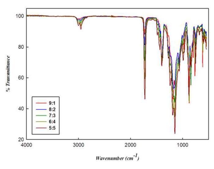 PVDF/바인더 비에 따른 코팅층의 IR 분석 결과 (AM2/5)