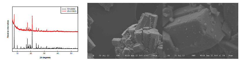 2D-CCD 촉매의 특성분석 결과 (좌) XRD 결과 (중 및 우) FE-SEM 이미지