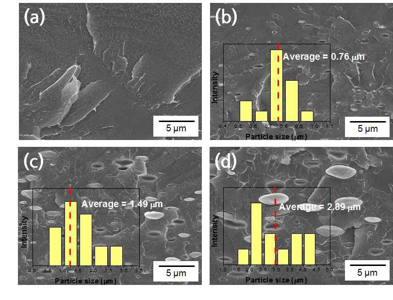 PVDF 블랜딩 막의 SEM 단면 (a) SPAES, (b) PVDF 2% 포함, (c) PVDF 5% 포함, (d) PVDF 10% 포함