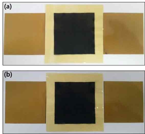 탄화수소계 전해질 막(B115)에 (a) 나피온 바인더 전극과 (b) 혼합바인더 전극을 동일한 열간압착 조건에서 데칼 전사한 이미지; 바인더 함량: 20 wt%, Pt 로딩량: 0.4 mg/cm2, 전극활성면적: 25 cm2