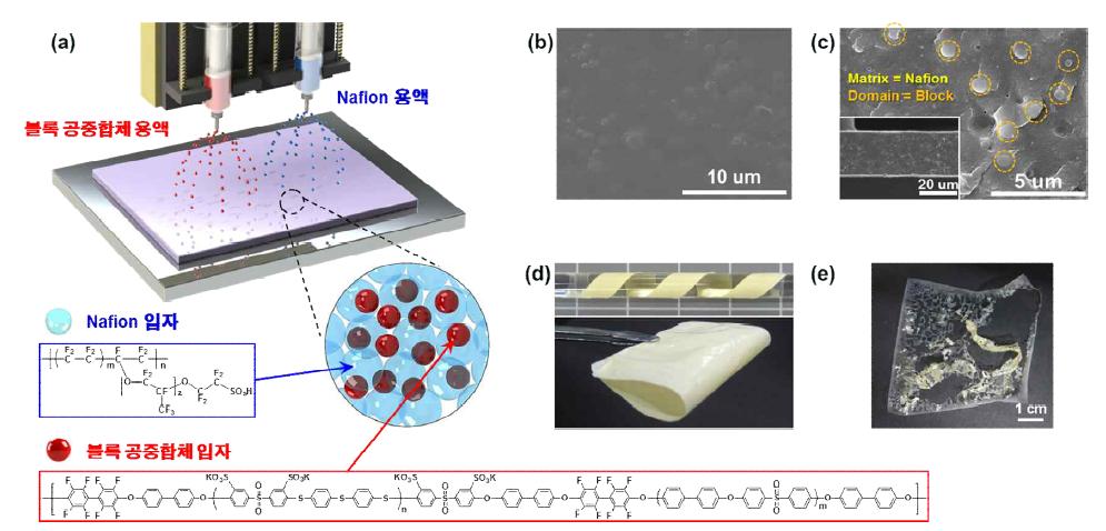 (a)동시전기분무공정 모식도 및 전기분무기법을 이용하여 제조한 (b)복합 전해질 막의 표면, (c) 복합막 단면, (d)복합막의 외관 및 유연성, (e)Nafion과 블록 공중합체의 고분자 블렌딩을 통해 제조한 복합막