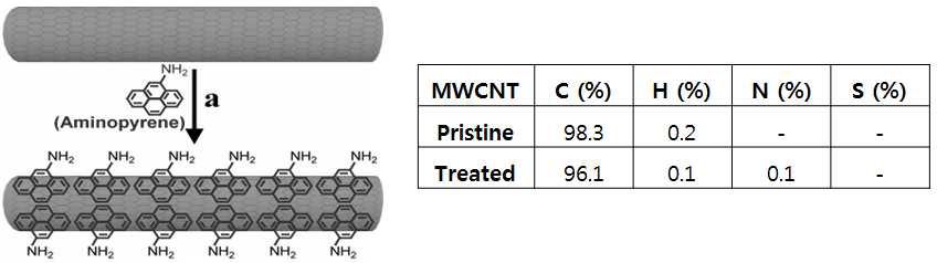 Aminopyrene을 CNT 표면결합 분자로 이용한 CNT 표면개질 방식의 모식도와 CNT의 원소분석 결과