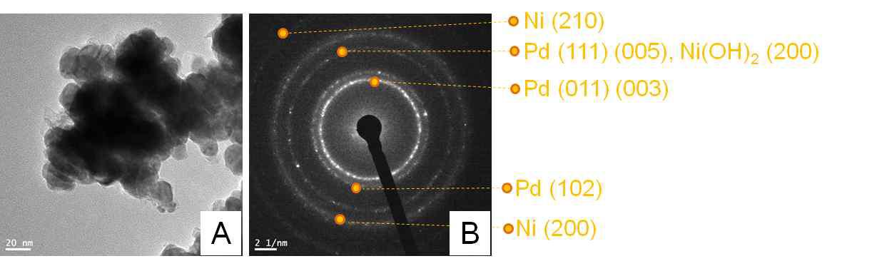 (A) 제조된 Pd-Ni tree의 TEM 사진, (B) Pd/Ni tree의 SAED pattern.