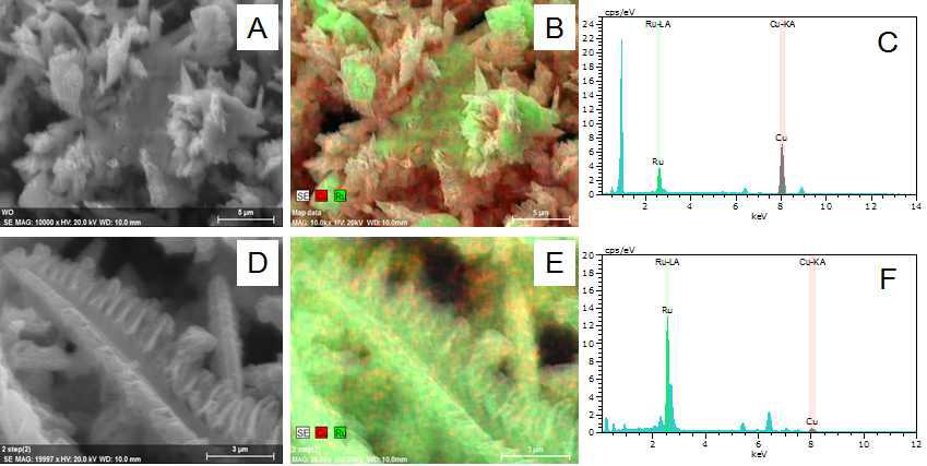 (A,B,C) Cu 제거하기 전의 Ru-Cu foam의 SEM, Ru/Cu 두 원소의 EDS mapping과 spectrum. (D,E,F) Cu가 제거된 Ru foam의 SEM, Ru/Cu 두 원소의 EDS mapping과 spectrum