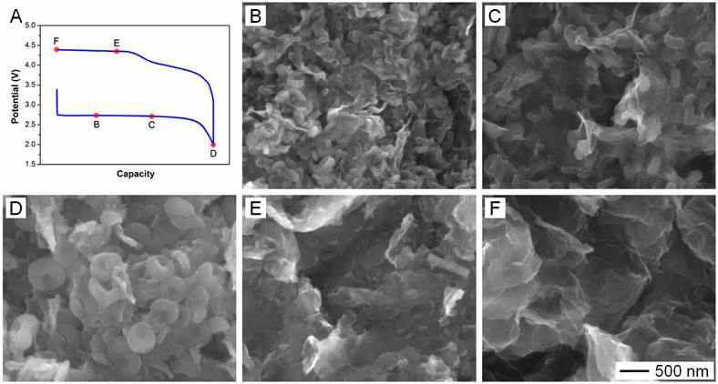 (A) 전류밀도 200mA/g 에서의 방전/충전 사이클시 전압 그래프. (B-F) 그래프 A에 표시된 각 지점에서의 전극 표면 SEM 이미지.