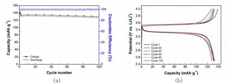 (a) 사이클에 따른 방전 용량 결과 그래프 (0.5 C) (b) 사이클에 따른 방전 특성 그래프 (0.5C)