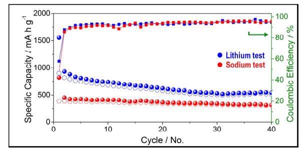 SnSb/C 이종 원소 합금 나노섬유 복합체의 Li-, Na-ion battery 테스트 결과