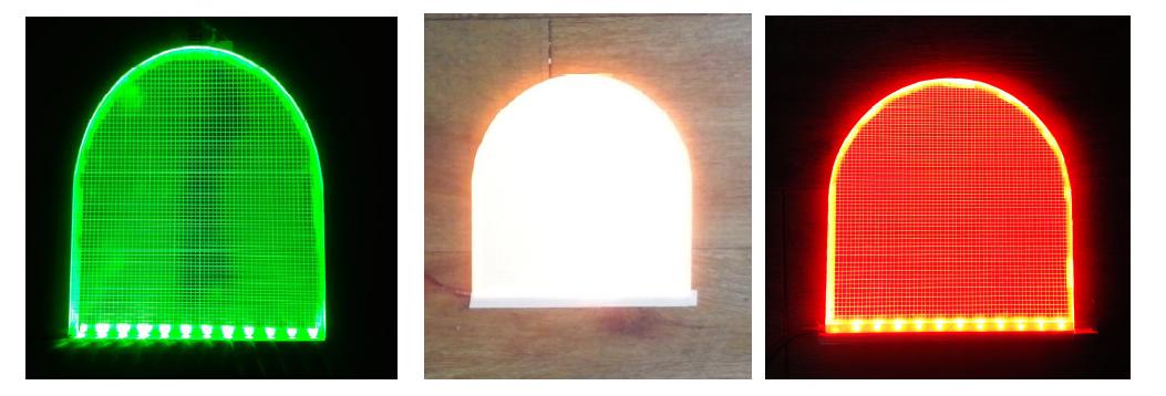 LED모듈과 조립된 도광판 및 점등 사진