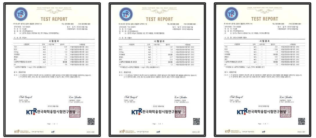 수질오염물질처리 시험성적서