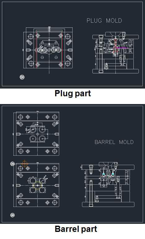 사전충전 주사기의 plug와 barrel 파트 사출금형 조립도