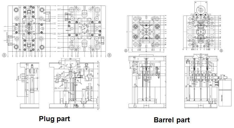 사전충전 주사기의 plug와 barrel 파트 사출금형 조립도