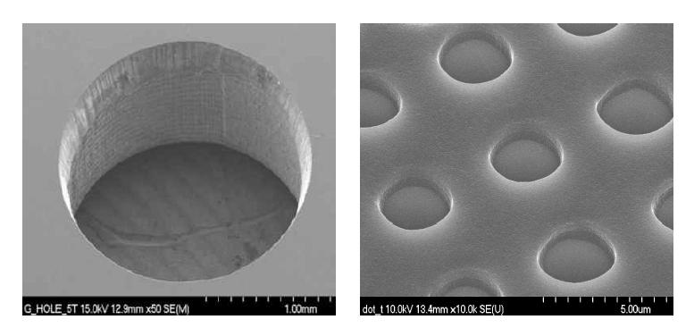 연구실에서 나노초 레이저를 이용하여 제작한 마이크로 기공의 사진