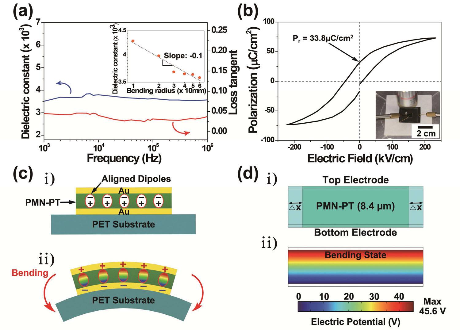 (a) Dielectric properties of MIM structured PMN-PT thin fi lm as a function of frequency on a plastic substrate. The inset shows the dielectric constant changes of the fl exible PMN-PT thin fi lm at different bending radii. (b) Polarization-electric fi eld (P-E) hysteresis loop of the ferroelectric PMN-PT thin fi lm on a PET. The inset shows the photograph image of ferroelectric measurement on a prove station. (c) Schematics of the electricity generation of the fl exible PMN-PT thin fi lm NG before (i) and after (ii) bending. (d) The simulated model (i) and inside piezopotential distribution (ii) of the MIM-based PMN-PT energy harvester under tensile strain of 0.36%.